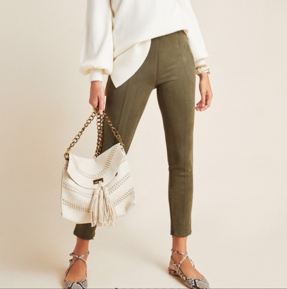 Anthropologie Pants - Anthropologie Faux Suede Seamed Olive Pull On Ankle Cropped Leggings Pants 29